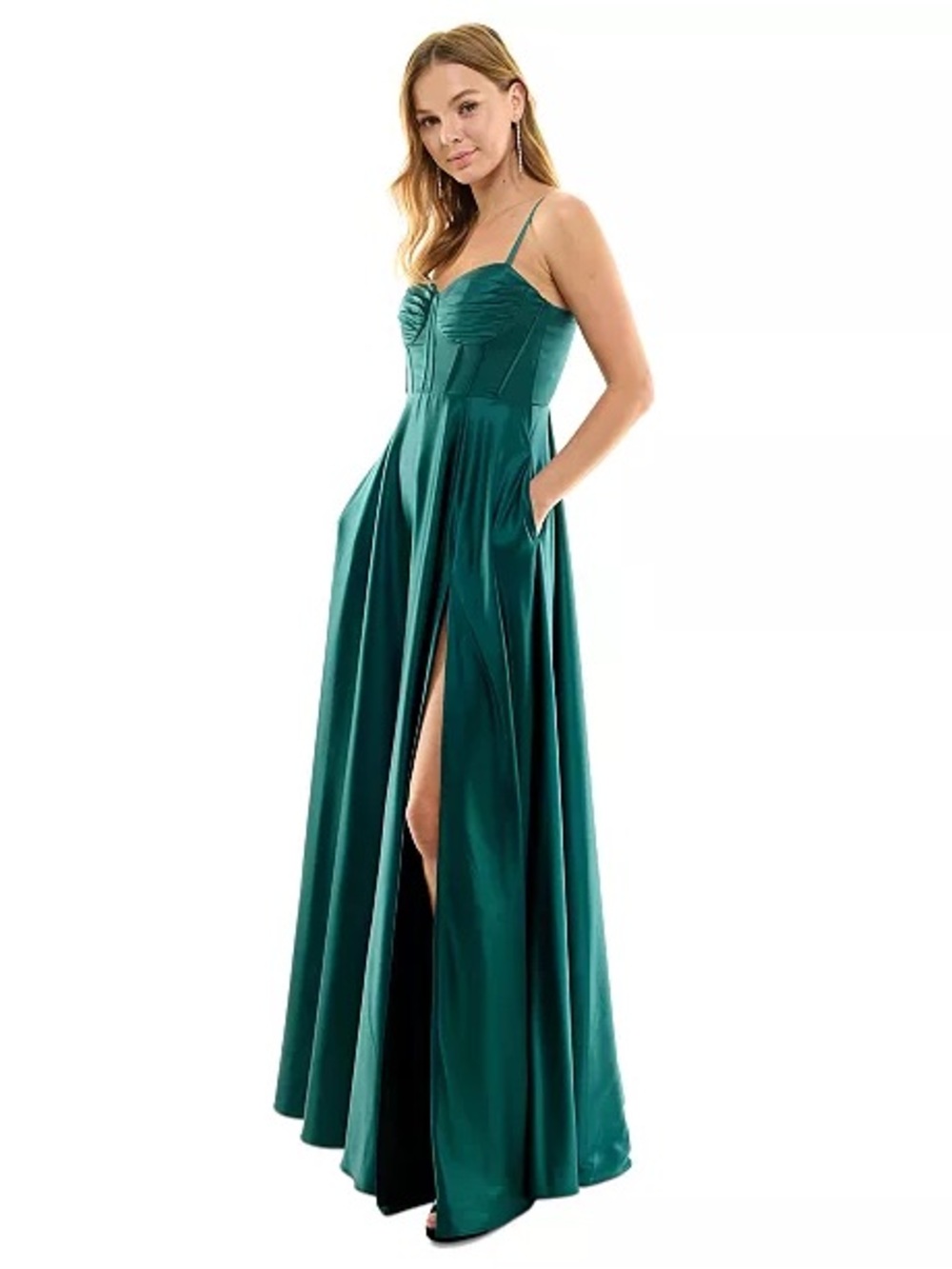 Darling Emerald Green Satin Spaghetti-Strap Maxi Gown